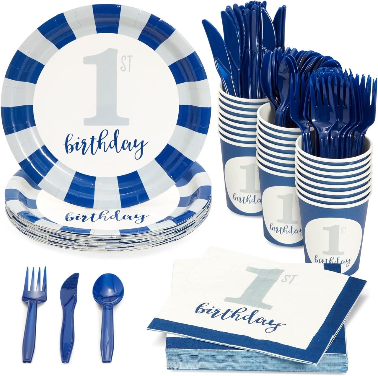 144-Piece Baby First Birthday Decorations and Tableware Sets - Nautical Blue (Serves 24)